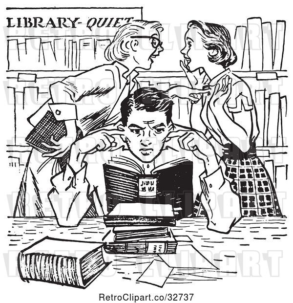 Vector Clip Art of Retro Teenage Girls Gossiping Behind a Boy Covering His Ears in a Library in