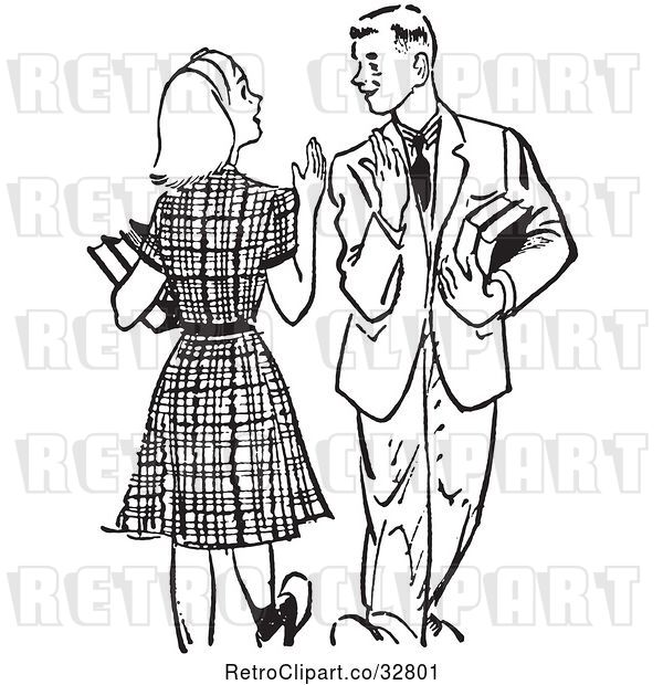 Vector Clip Art of Retro Teenage High School Couple Waving While Passing at School in