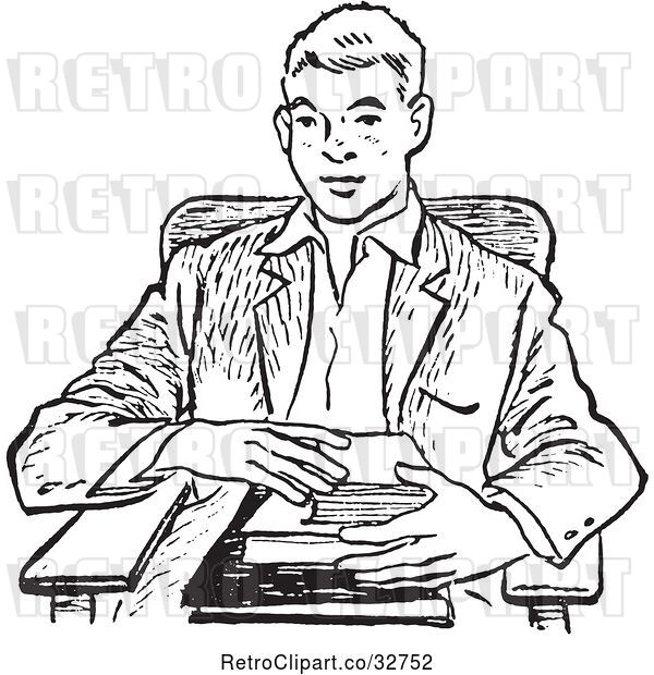 Vector Clip Art of Retro Teenage School Boy with Books at a Desk in