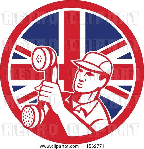Vector Clip Art of Retro Telephone Repair Guy Holding out a Receiver in a Union Jack Flag Circle