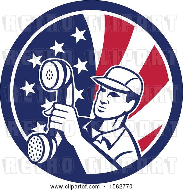 Vector Clip Art of Retro Telephone Repair Guy Holding out a Receiver in an American Flag Circle