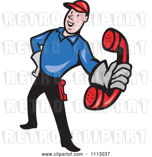 Vector Clip Art of Retro Telephone Repair Guy Holding out a Red Receiver