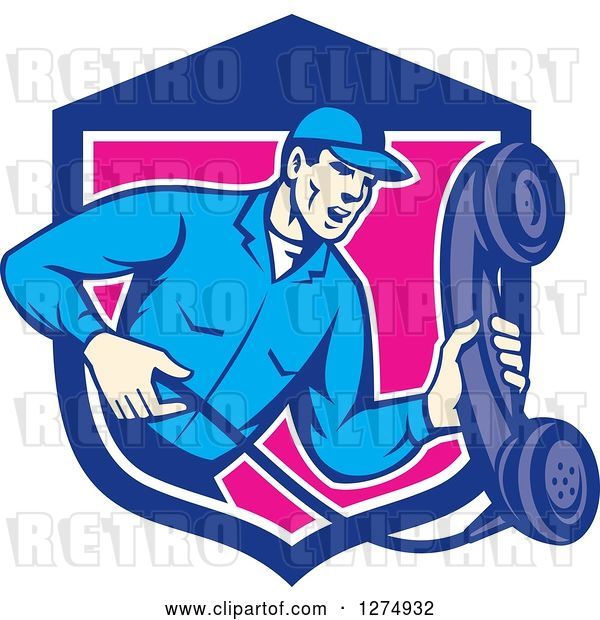 Vector Clip Art of Retro Telephone Repair Guy Holding out a Red Receiver in a Blue White and Pink Shield