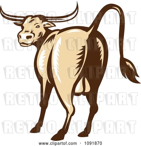 Vector Clip Art of Retro Texas Longhorn Bull from the Rear