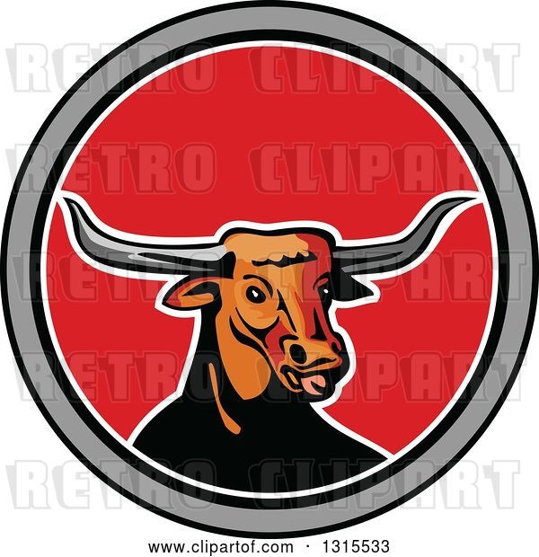 Vector Clip Art of Retro Texas Longhorn Steer Bull in a Black Gray White and Red Circle