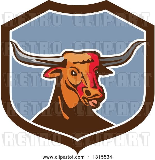 Vector Clip Art of Retro Texas Longhorn Steer Bull in a Brown White and Blue Shield