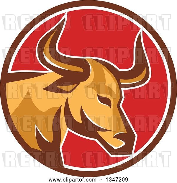 Vector Clip Art of Retro Texas Longhorn Steer Bull in a Brown White and Red Circle