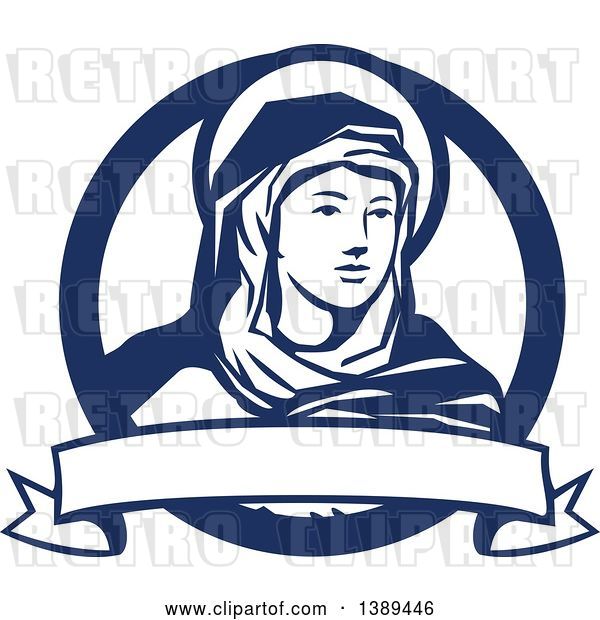 Vector Clip Art of Retro the Blessed Virgin Mary in a Blue and White Circle, with a Ribbon Banner