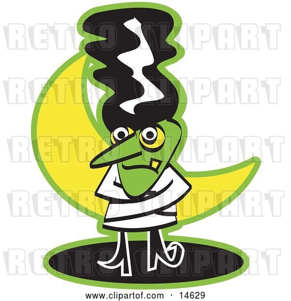 Vector Clip Art of Retro the Bride of Frankenstein Standing in Front of a Crescent Moon and Wearing a Straitjacket
