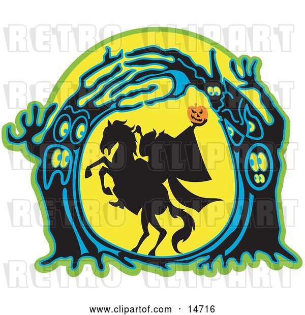 Vector Clip Art of Retro the Headless Horseman Holding His Pumpkin Head up High As His Horse Rears up in a Haunted Forest of Evil Trees