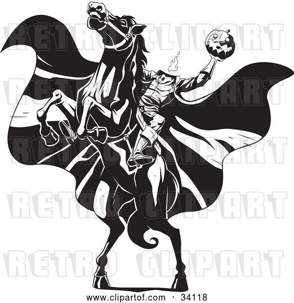 Vector Clip Art of Retro the Headless Horseman on a Rearing Horse, Holding up a Jack O Lantern As His Cape Blows in the Wind