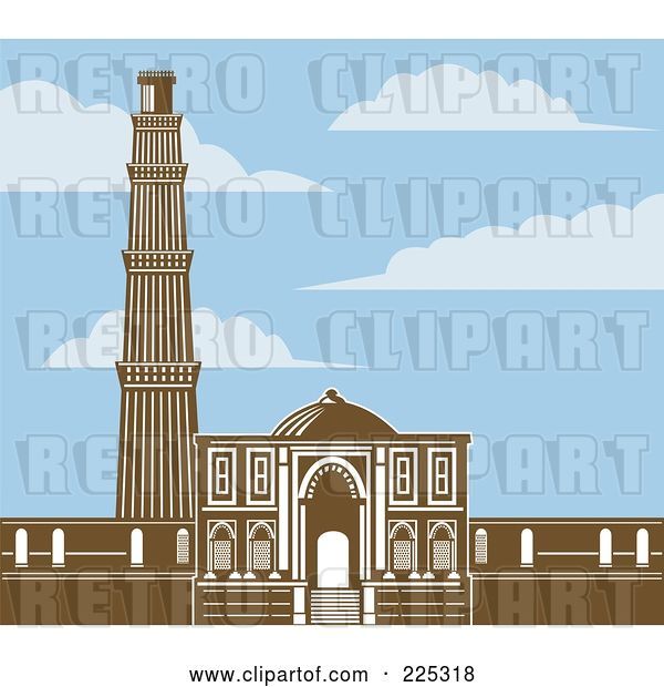 Vector Clip Art of Retro the Qutb Minar in Brown Under a Blue Sky with Clouds