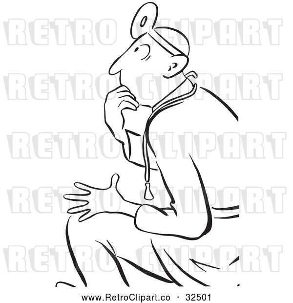 Vector Clip Art of Retro Thinking Doctor Black and White