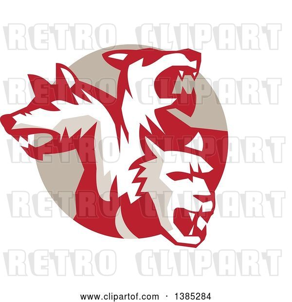 Vector Clip Art of Retro Three Headed Cerberus Devil Dog Hellhound Monster Emerging from a Tan Circle