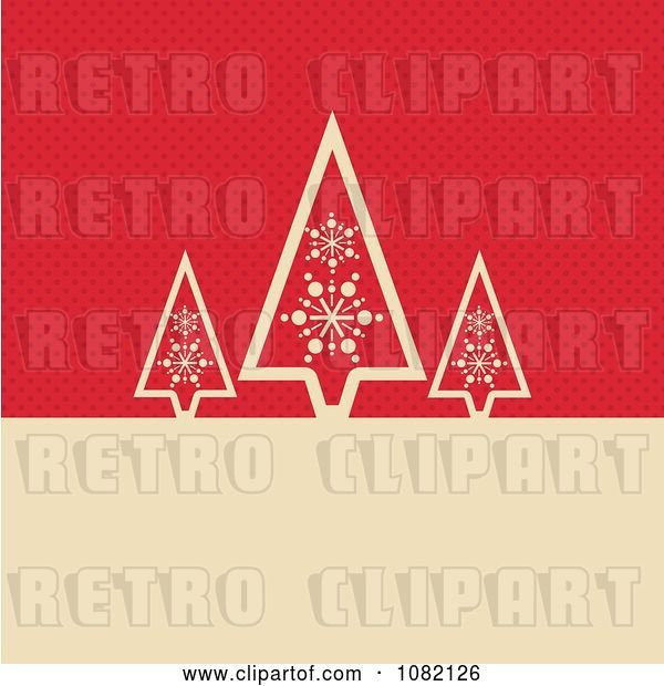 Vector Clip Art of Retro Three Tan Christmas Trees over Red Dots with Copyspace