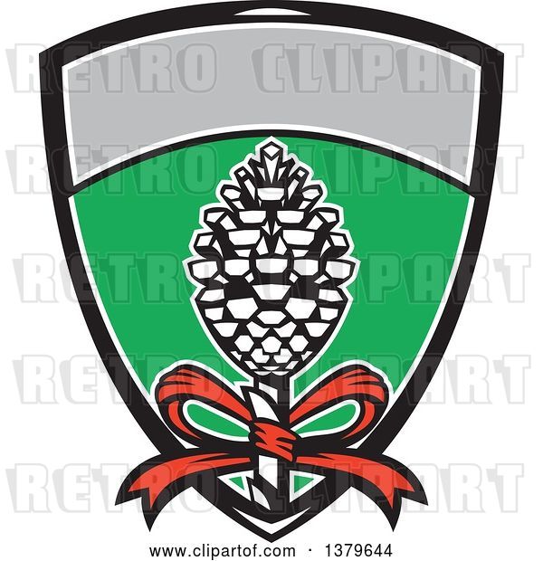 Vector Clip Art of Retro Thyrsus, Staff of Giant Fennel, Topped with Pine Cone with Grapevine Leaves in a Shield