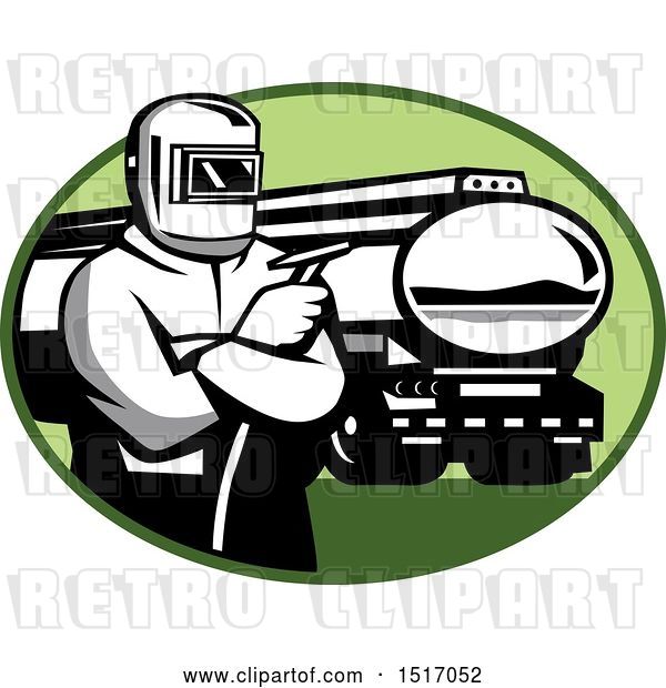 Vector Clip Art of Retro Tig Welder Holding a Torch by a Tanker Truck in an Oval