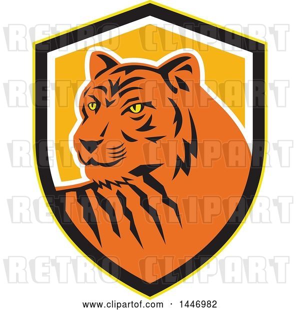 Vector Clip Art of Retro Tiger Mascot in a Yellow, Black White and Orange Shield