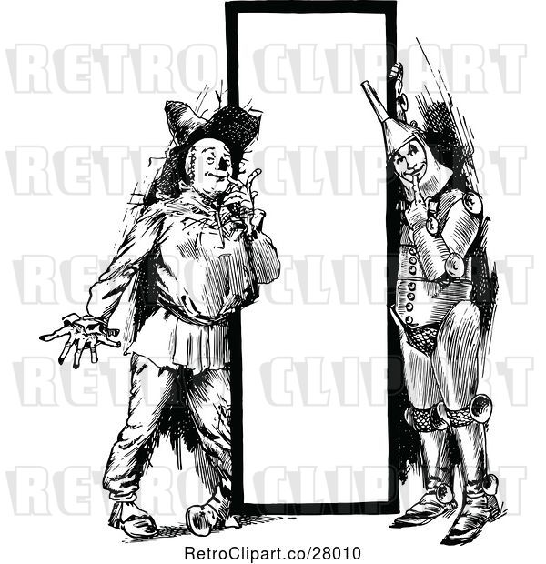 Vector Clip Art of Retro Tin Guy and Scarecrow by a Sign