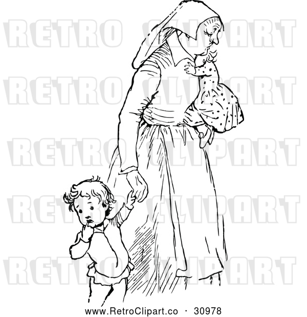 Vector Clip Art of Retro Tired Mother with Children