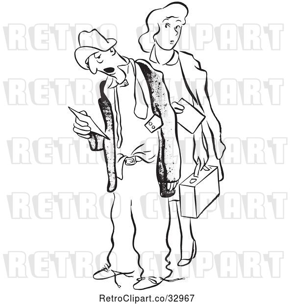 Vector Clip Art of Retro Tired Worker Guy and Lady with Time Sheets