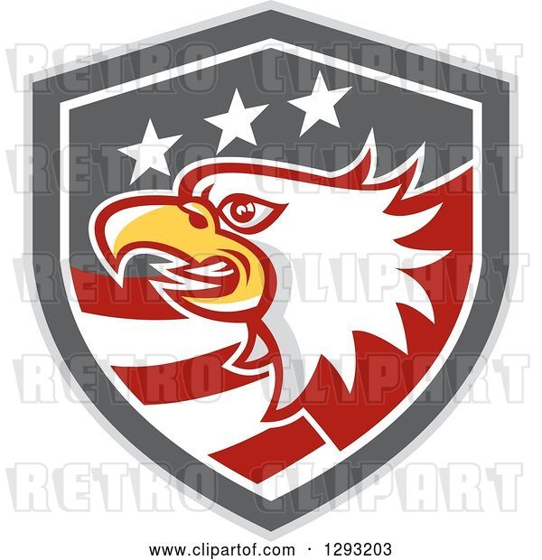 Vector Clip Art of Retro Tough Bald Eagle Head in a Gray Red and White American Flag Shield