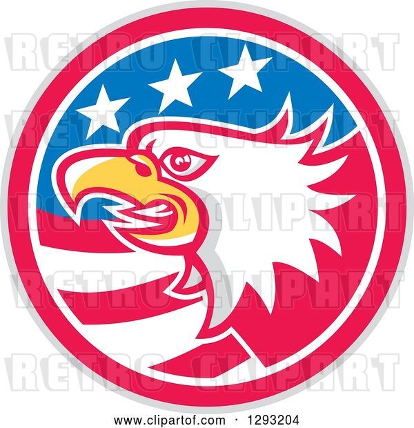 Vector Clip Art of Retro Tough Bald Eagle Head in a Gray Red White and Blue American Flag Circle
