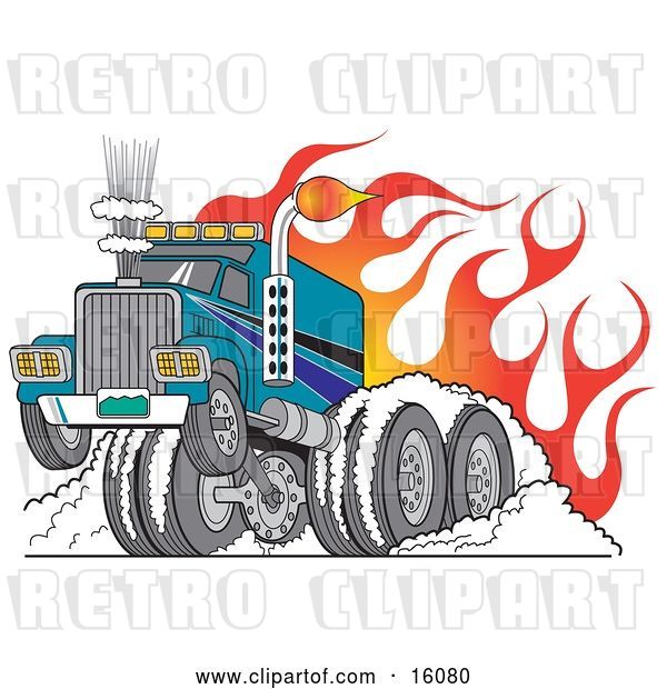 Vector Clip Art of Retro Tough Big Rig Hot Rod Truck Flaming and Smoking Its Rear Tires Doing a Burnout in Flames and a Wheelie