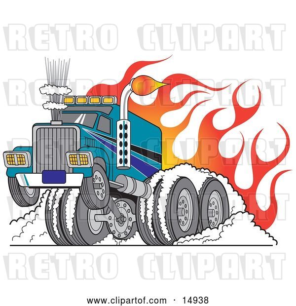 Vector Clip Art of Retro Tough Big Rig Hot Rod Truck Flaming and Smoking Its Rear Tires Doing a Burnout in Flames and a Wheelie Clipart Illustration
