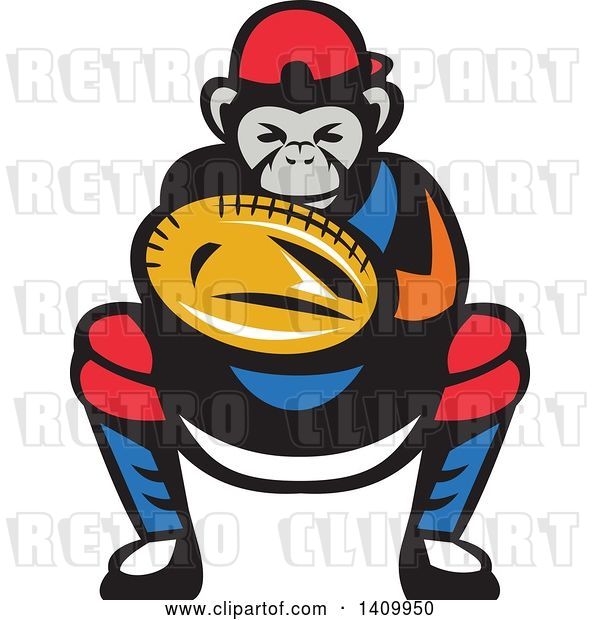Vector Clip Art of Retro Tough Chimpanzee Monkey Baseball Player Catcher Crouching
