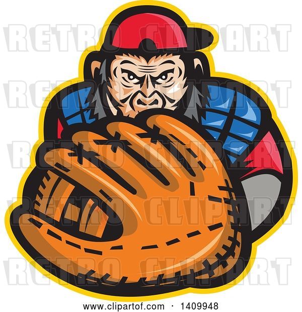 Vector Clip Art of Retro Tough Chimpanzee Monkey Baseball Player Catcher Holding out a Glove