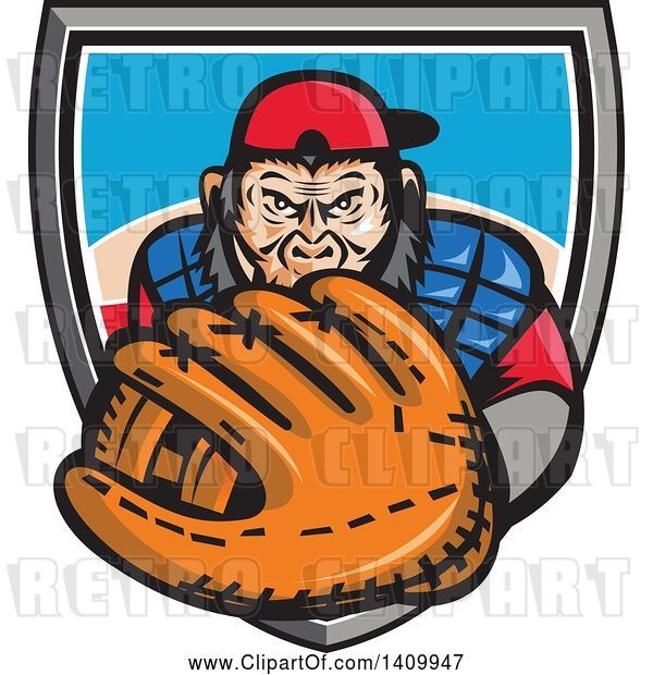 Vector Clip Art of Retro Tough Chimpanzee Monkey Baseball Player Catcher Holding out a Glove, Emerging from a Shield