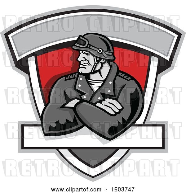 Vector Clip Art of Retro Tough Male Biker with Folded Arms and Riding Gear in a Shield