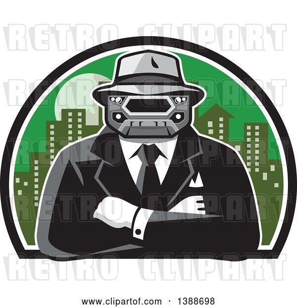 Vector Clip Art of Retro Tough Mobster with a Car Grill Head and Folded Arms Against a City