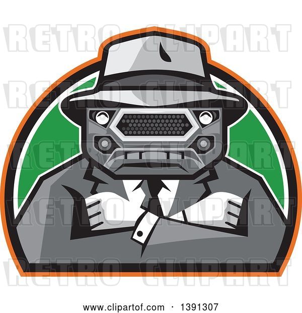 Vector Clip Art of Retro Tough Mobster with a Car Grill Head and Folded Arms in a Half Circle