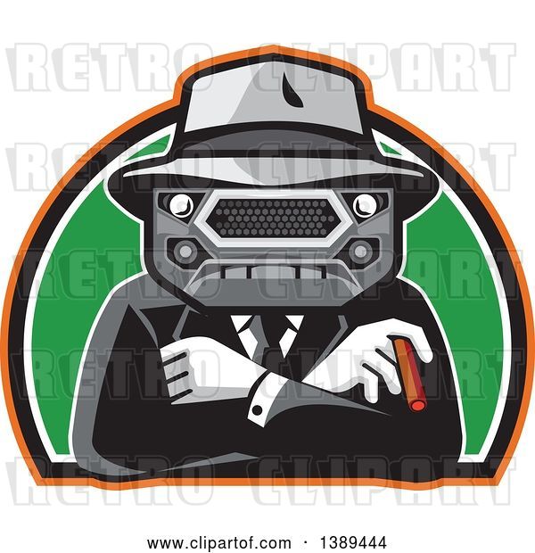 Vector Clip Art of Retro Tough Mobster with a Car Grill Head, Cigar and Folded Arms in a Half Circle