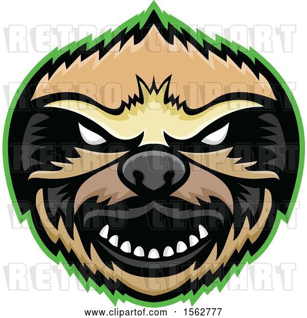 Vector Clip Art of Retro Tough Sloth Mascot Head Outlined in Green