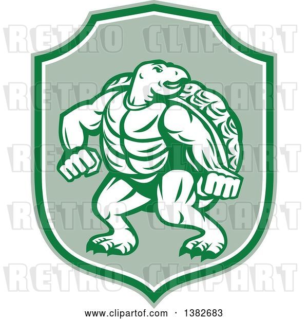 Vector Clip Art of Retro Tough Turtle in a Fighting Stance Inside a Green and White Shield