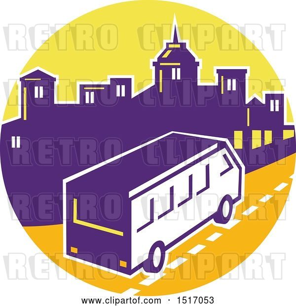 Vector Clip Art of Retro Tour Bus in a Town Skyline Circle