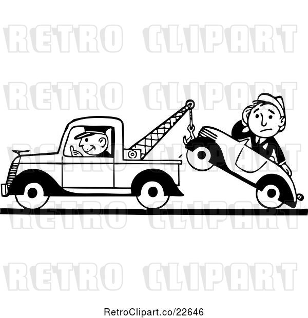 Vector Clip Art of Retro Tow Truck Driver and Guy in a Car