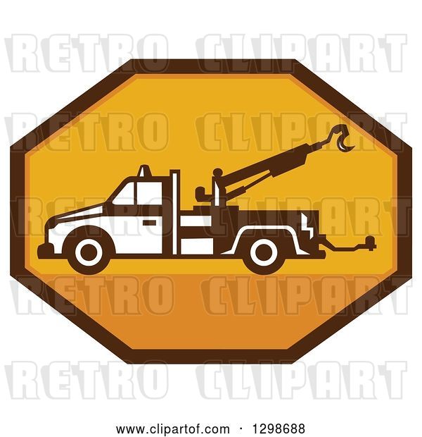 Vector Clip Art of Retro Tow Truck in a Yellow and Brown Octagon