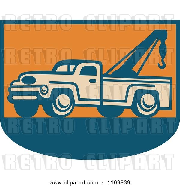 Vector Clip Art of Retro Tow Truck on Orange and Blue