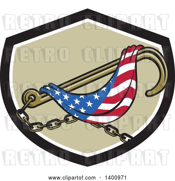 Vector Clip Art of Retro Towing J Hook and American Flag in a Black White and Tan Shield