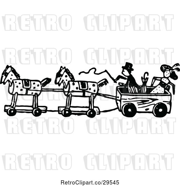 Vector Clip Art of Retro Toy Wheel Horses and a Wagon with Dolls