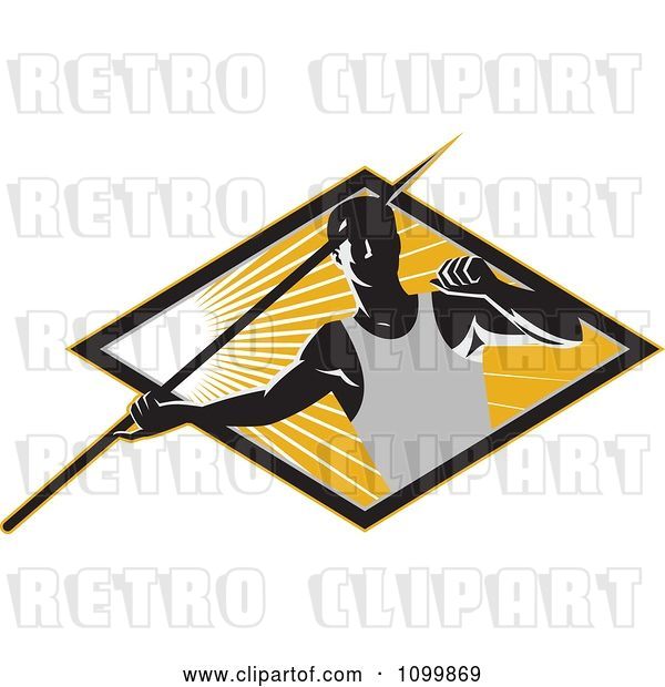 Vector Clip Art of Retro Track and Field Javelin Trower Holding a Spear over a Ray Diamond
