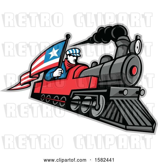 Vector Clip Art of Retro Train Driver Holding a Flag on a Steam Locomotive