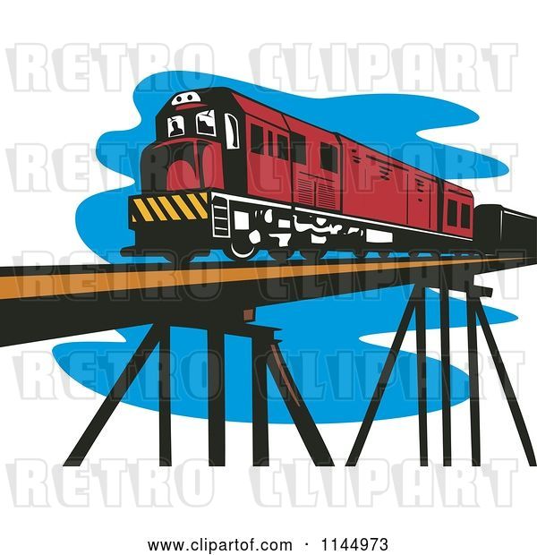 Vector Clip Art of Retro Train on a Bridge