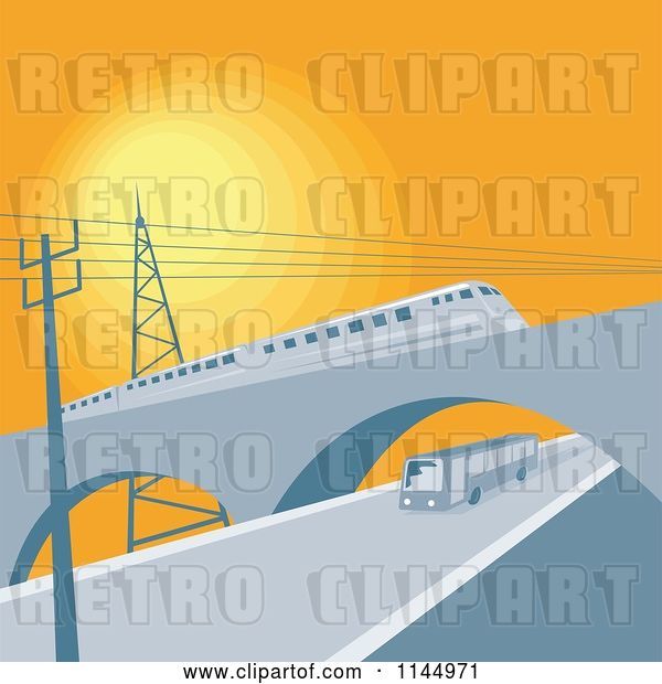 Vector Clip Art of Retro Train on a Viaduct over a Bus
