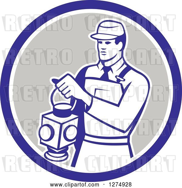 Vector Clip Art of Retro Train Signaler Worker Guy Holding a Lamp in a Blue White and Taupe Circle