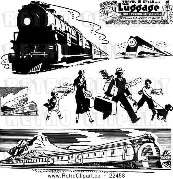 Vector Clip Art of Retro Trains and Traveling Family
